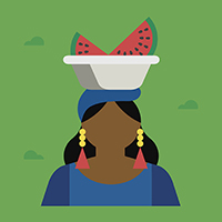 woman with a bowl of fruit on her head