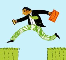 man jumping with money and briefcase
